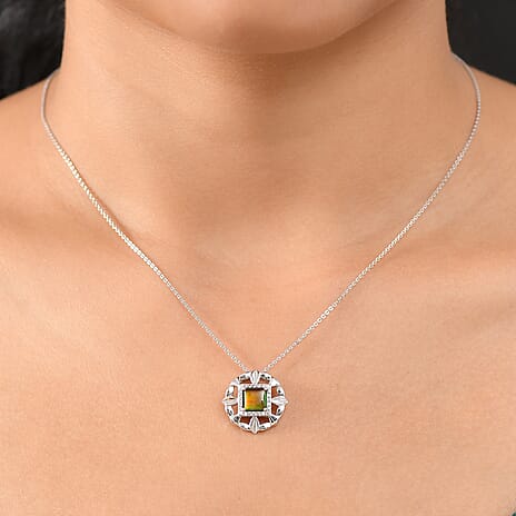 D'joy Ammolite & White Zircon Pendant with Chain (Size 20) in Rhodium Overlay Sterling Silver 2.50 Ct.