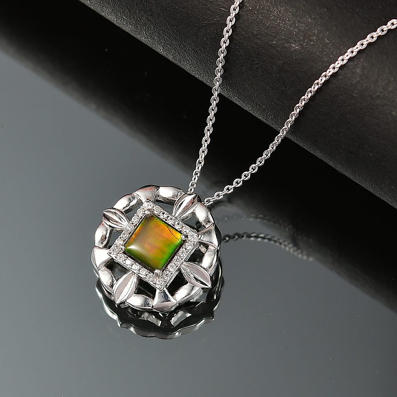 D'joy Ammolite & White Zircon Pendant with Chain (Size 20) in Rhodium Overlay Sterling Silver 2.50 Ct.