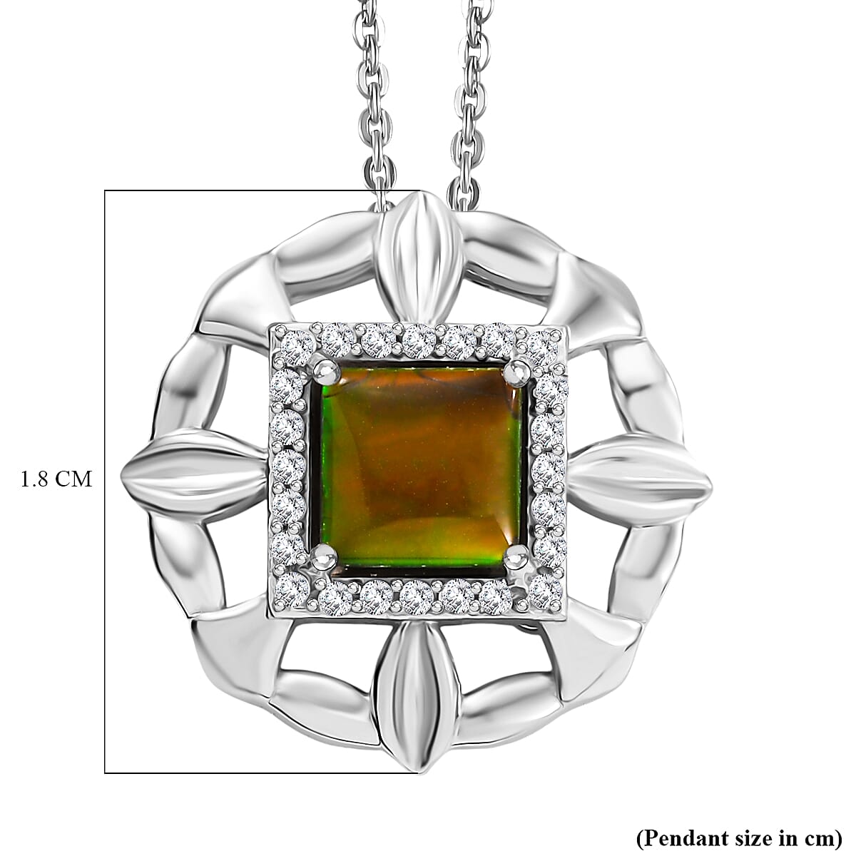 D'joy Ammolite & White Zircon Pendant with Chain (Size 20) in Rhodium Overlay Sterling Silver 2.50 Ct.