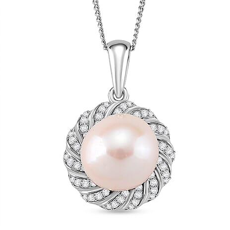 AAA Edison Pearl (11-12 MM) & Moissanite Pendant with Chain (Size 18) in Rhodium Overlay Sterling Silver 10.63 Ct.