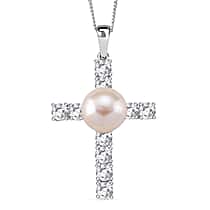 AAA Edison Pearl (10-11mm), Moissanite Cross Pendant with Chain (Size 18) in Rhodium Overlay Sterling Silver 10.31 Ct.