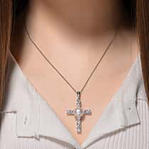 AAA Edison Pearl (10-11mm), Moissanite Cross Pendant with Chain (Size 18) in Rhodium Overlay Sterling Silver 10.31 Ct.