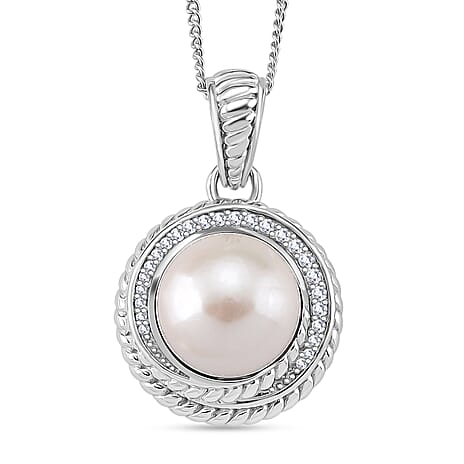 White Edison Pearl & Moissanite Pendant with Chain (Size 18) in Rhodium Overlay Sterling Silver 8.43 Ct.