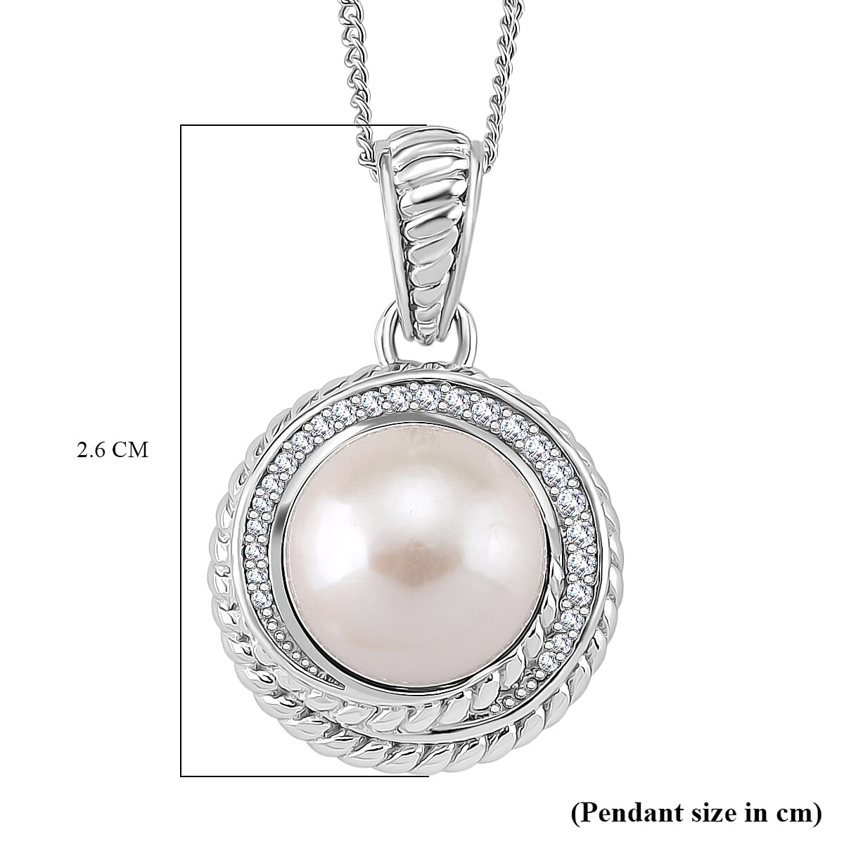 White Edison Pearl & Moissanite Pendant with Chain (Size 18) in Rhodium Overlay Sterling Silver 8.43 Ct, Silver Wt. 5.00 Gms White Edison Pearl & Moissanite Pendant with Chain (Size 18) in Rhodium Overlay Sterling Silver 8.43 Ct, Silver Wt. 5.00 Gms