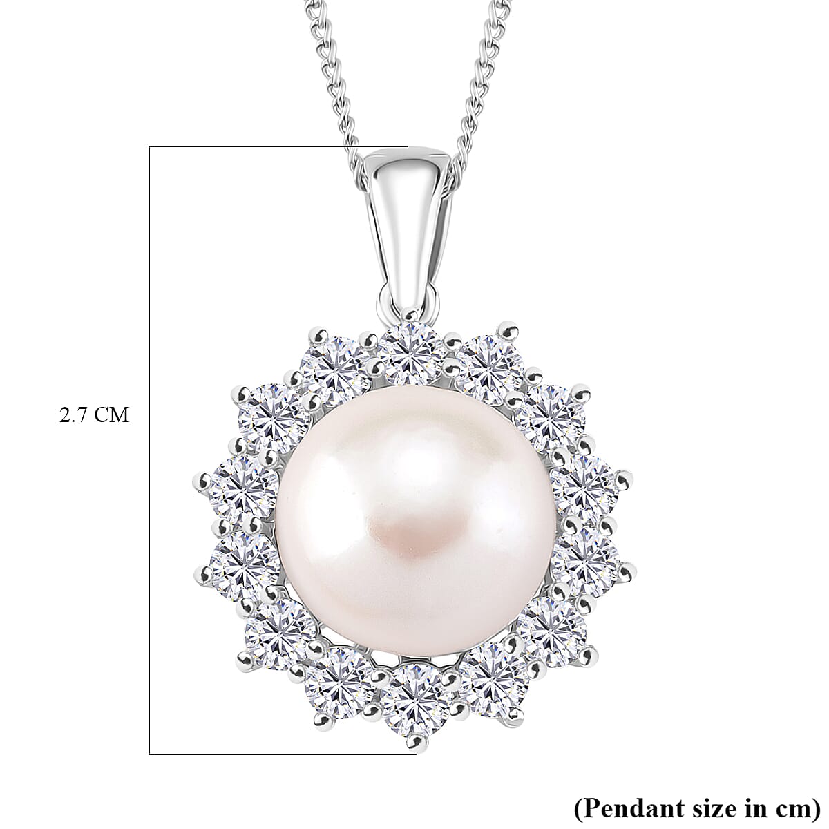 AAA White Edison Pearl (11-12 MM) & Natural Zircon Pendant with Chain (Size 18) in Rhodium Overlay Sterling Silver 11.83 Ct. AAA White Edison Pearl (11-12 MM) & Natural Zircon Pendant with Chain (Size 18) in Rhodium Overlay Sterling Silver 11.83 Ct.