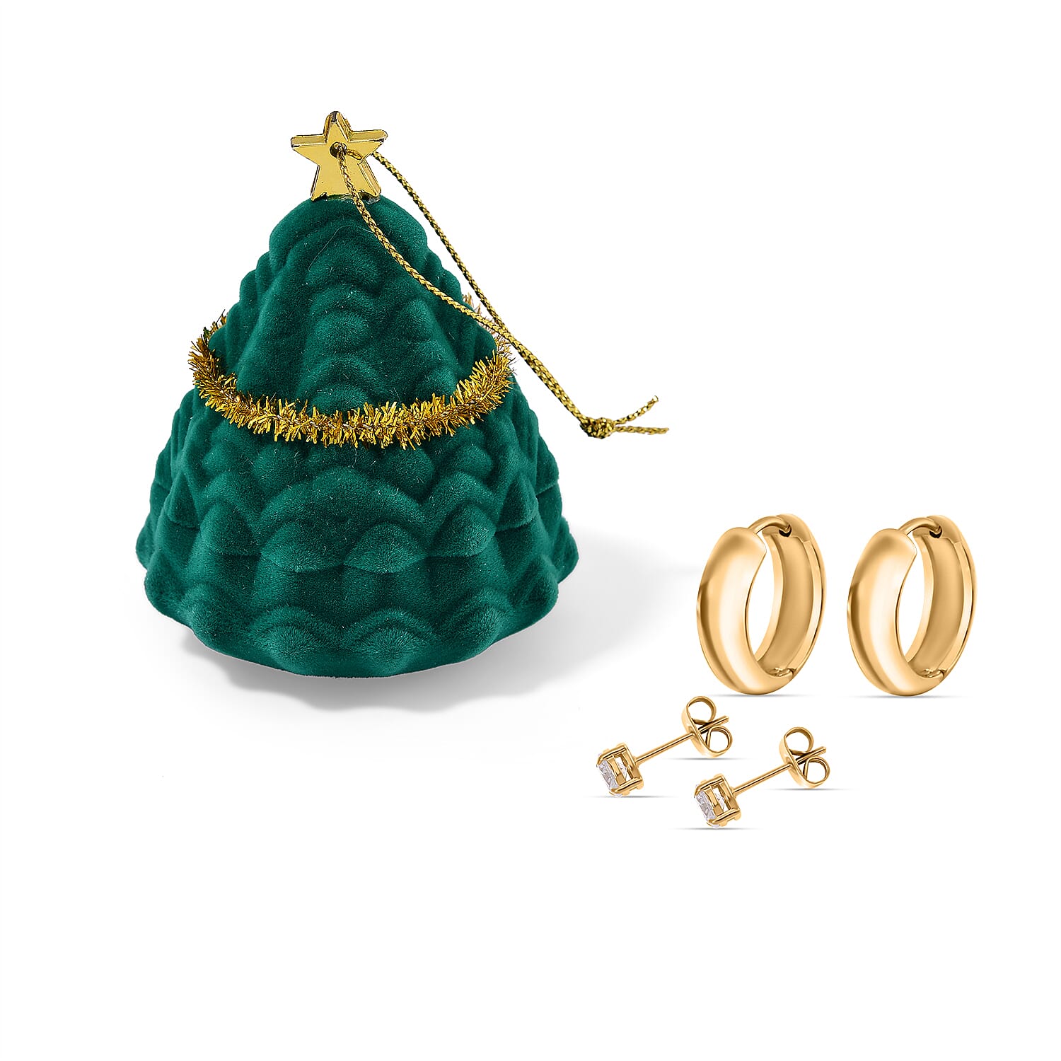 Set of 2 Pairs of Earrings -  White Cubic Zirconia Studs With Push Backs and Hoops Earrings Presented in a Christmas Tree Gift Box