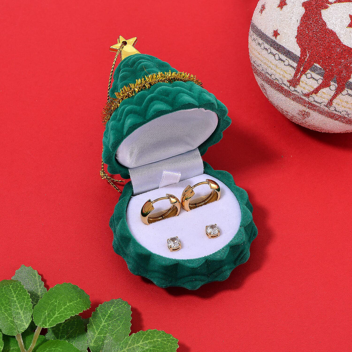 Set of 2 Pairs of Earrings -  White Cubic Zirconia Studs With Push Backs and Hoops Earrings Presented in a Christmas Tree Gift Box