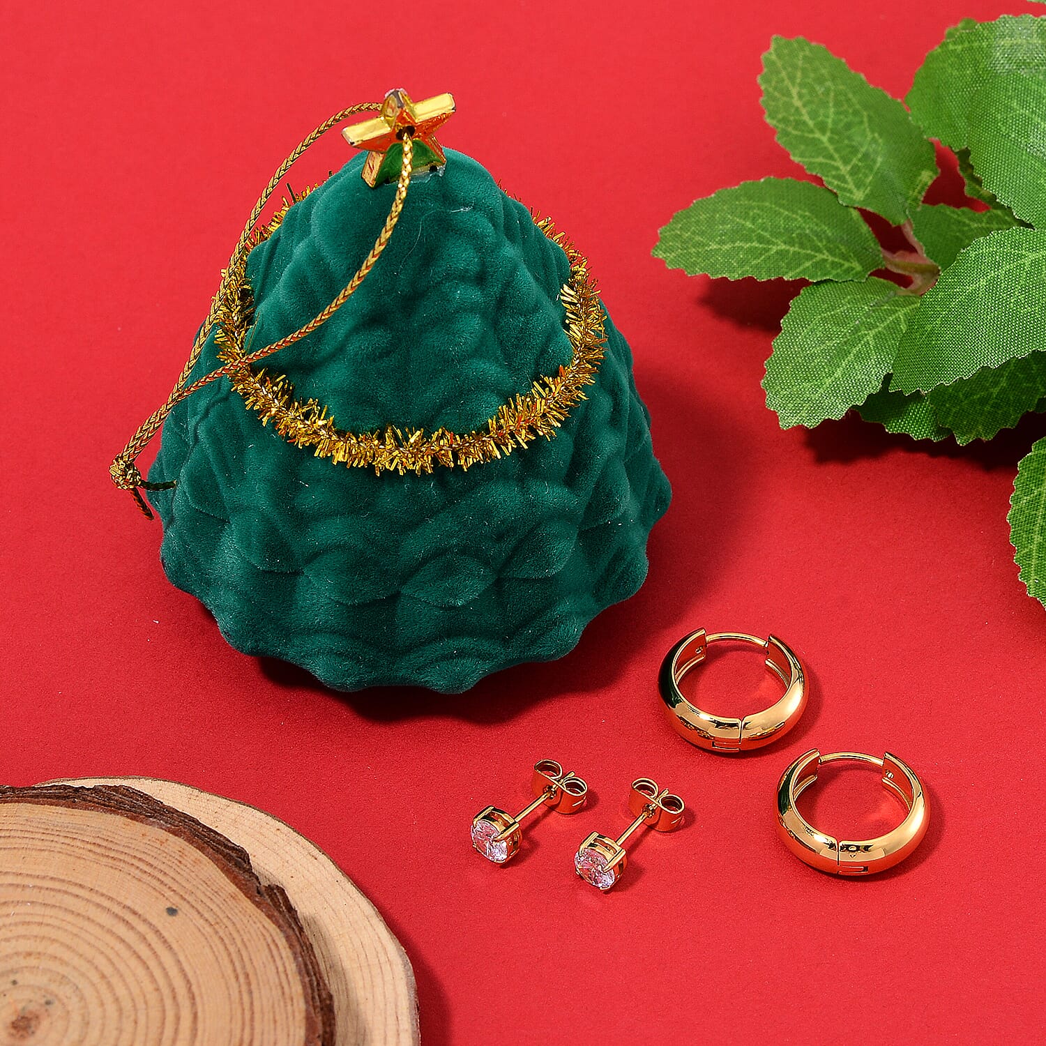 Set of 2 Pairs of Earrings -  White Cubic Zirconia Studs With Push Backs and Hoops Earrings Presented in a Christmas Tree Gift Box