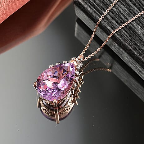 Rose De France Amethyst, White Zircon & White Topaz Pendant with Chain (Size 20) in 14K Rose Gold Plated Sterling Silver 10.08 Ct.