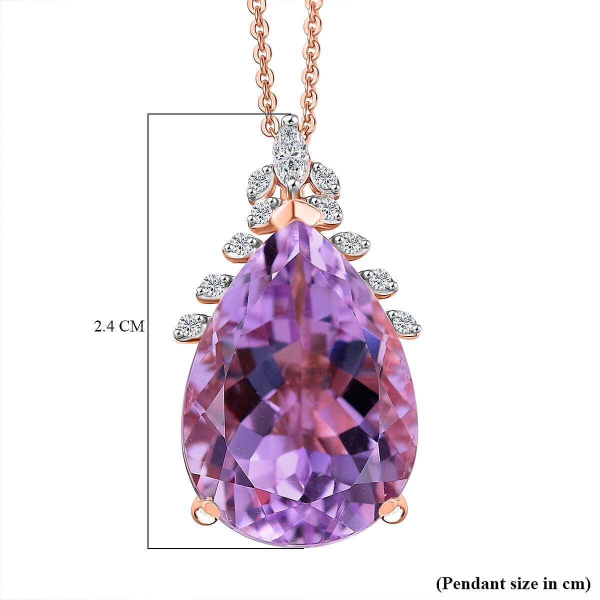 Rose De France Amethyst, White Zircon & White Topaz Pendant with Chain (Size 20) in 14K Rose Gold Plated Sterling Silver 10.08 Ct. Rose De France Amethyst, White Zircon & White Topaz Pendant with Chain (Size 20) in 14K Rose Gold Plated Sterling Silver 10.08 Ct.