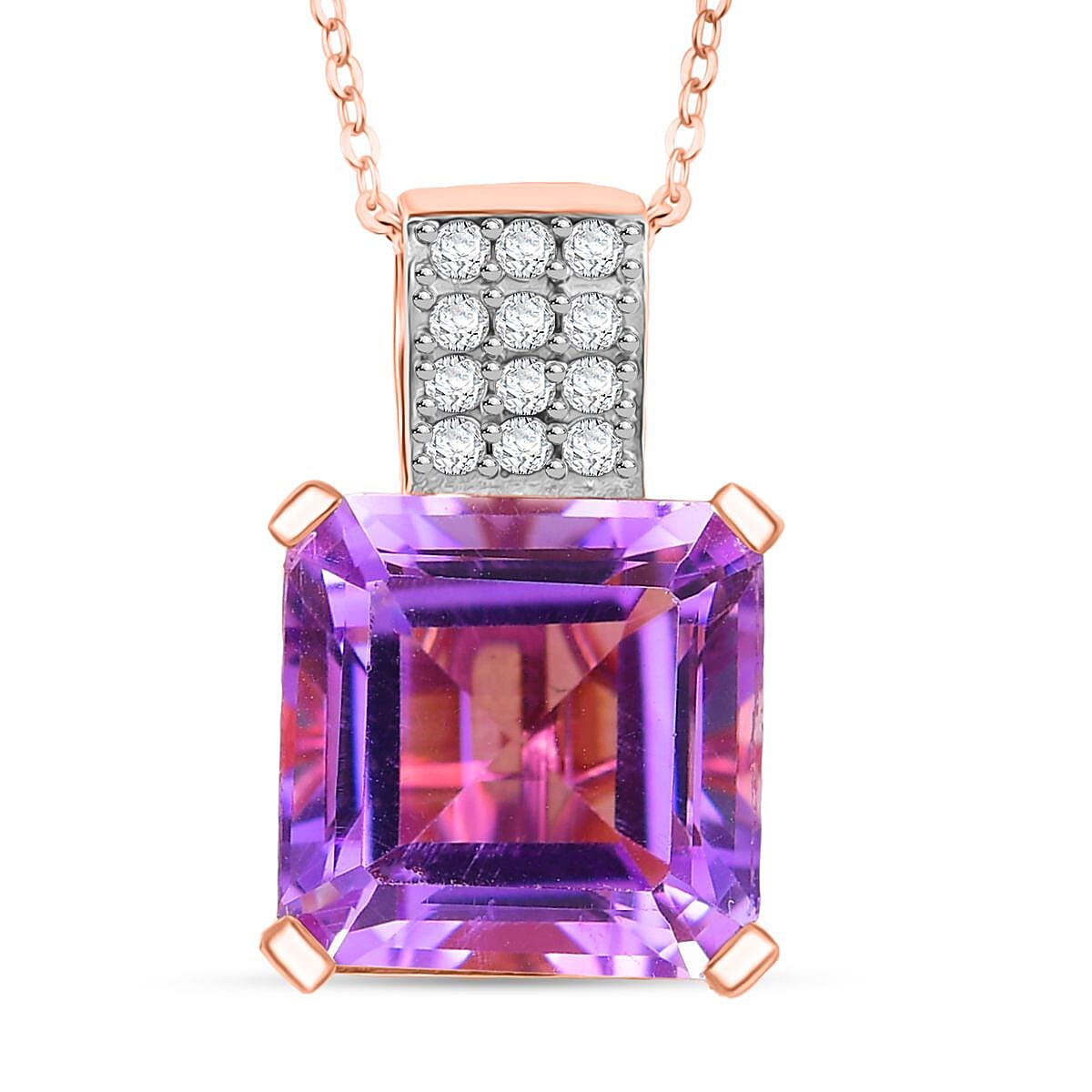 Rose De France Amethyst & White Zircon Pendant with Chain (Size 20) in 14K Rose Gold Plated Sterling Silver 8.58 Ct.