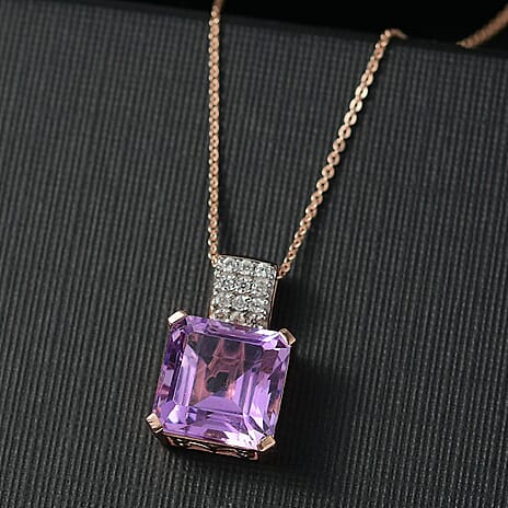 Rose De France Amethyst & White Zircon Pendant with Chain (Size 20) in 14K Rose Gold Plated Sterling Silver 8.58 Ct.