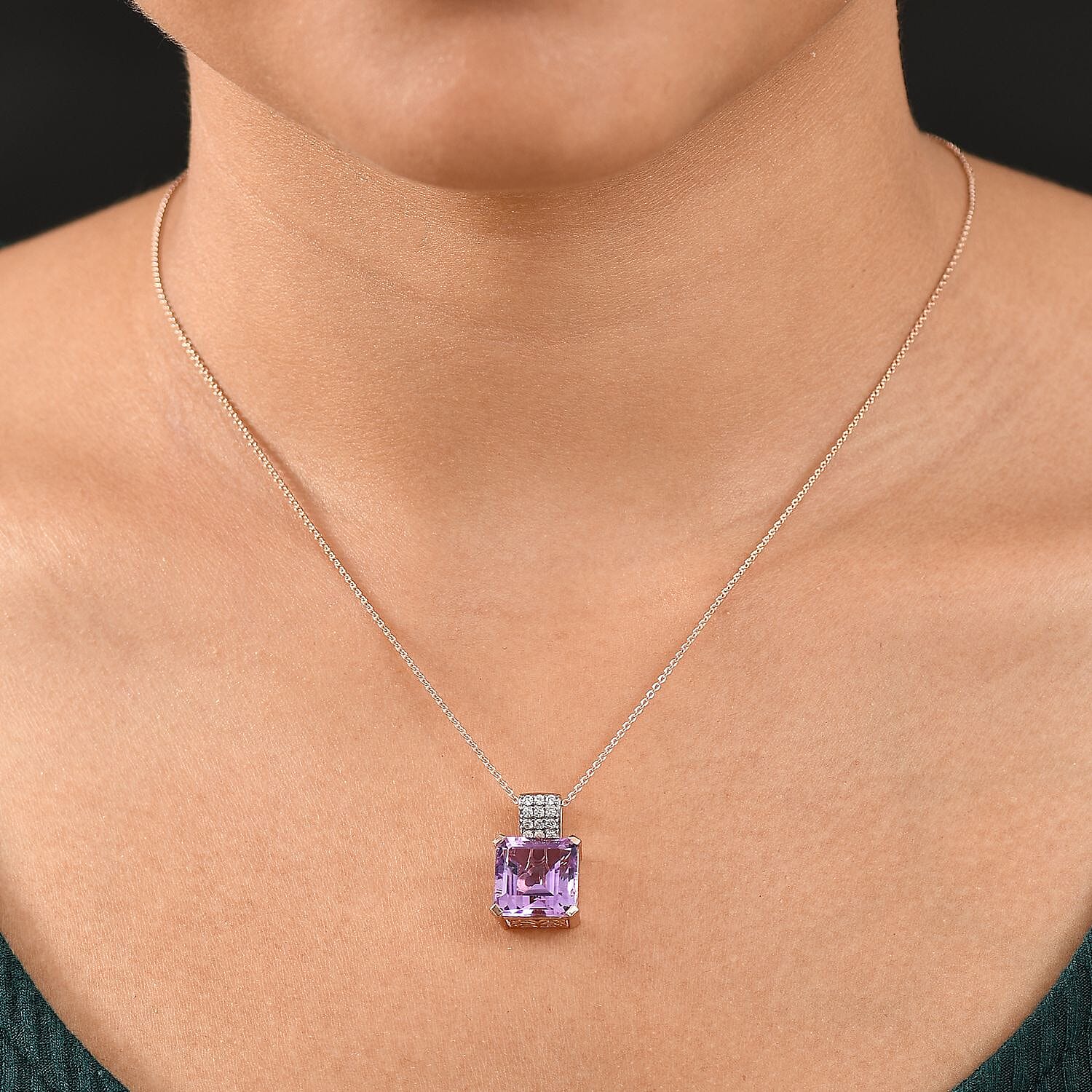 Rose De France Amethyst & White Zircon Pendant with Chain (Size 20) in 14K Rose Gold Plated Sterling Silver 8.58 Ct.