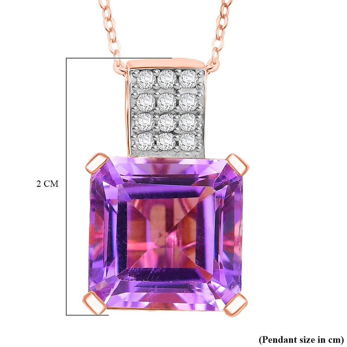 Rose De France Amethyst & White Zircon Pendant with Chain (Size 20) in 14K Rose Gold Plated Sterling Silver 8.58 Ct.