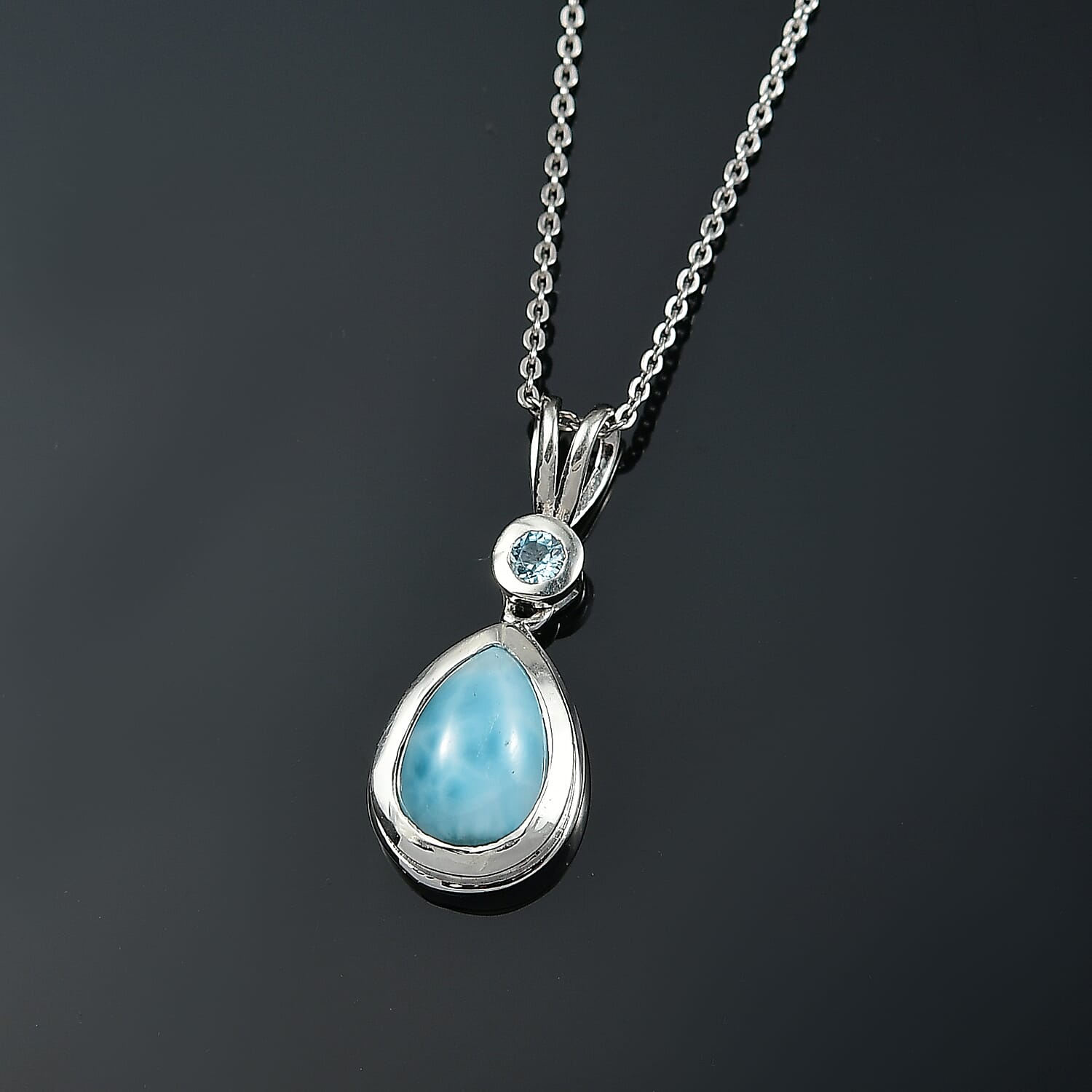 Larimar & Skyblue Topaz Ocean & Sky Pendant with Chain (Size 20) in Rhodium Overlay Sterling Silver 2.57 Ct.
