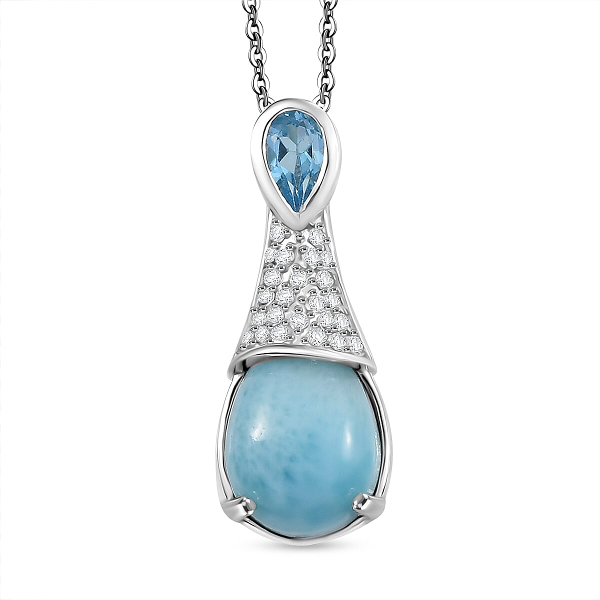 Larimar, White Zircon & Skyblue Topaz Aqua Droplet Pendant with Chain (Size 20) in Rhodium Overlay Sterling Silver 2.92 Ct