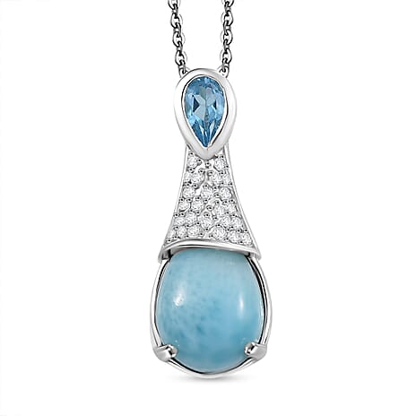 Larimar, White Zircon & Skyblue Topaz Aqua Droplet Pendant with Chain (Size 20) in Rhodium Overlay Sterling Silver 2.92 Ct