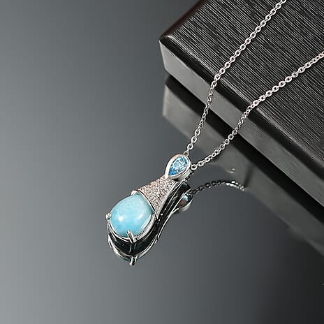 Larimar, White Zircon & Skyblue Topaz Aqua Droplet Pendant with Chain (Size 20) in Rhodium Overlay Sterling Silver 2.92 Ct