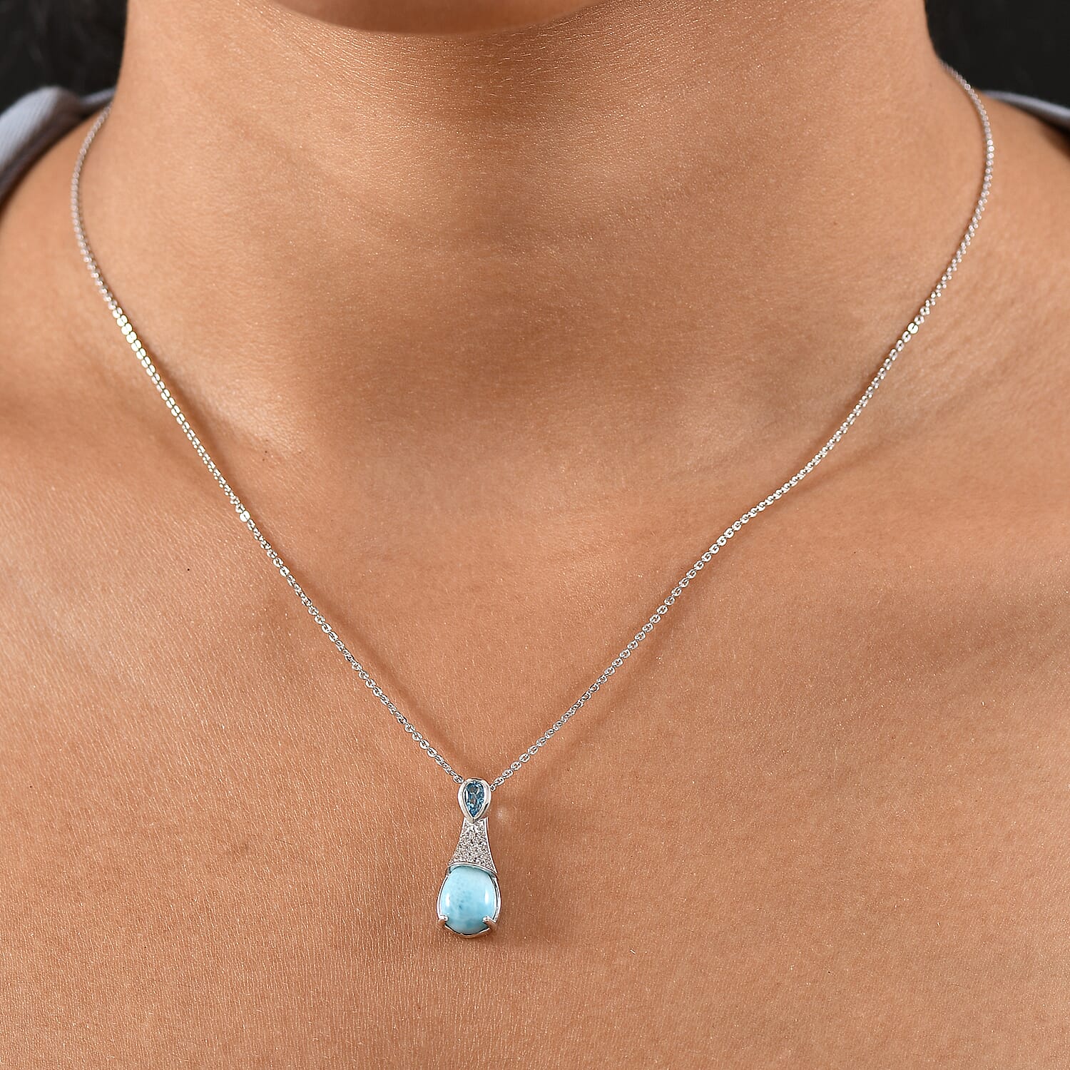 Larimar, White Zircon & Skyblue Topaz Aqua Droplet Pendant with Chain (Size 20) in Rhodium Overlay Sterling Silver 2.92 Ct