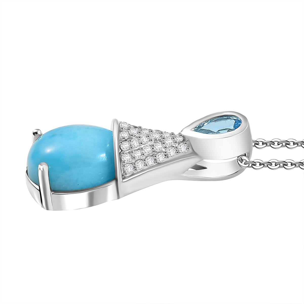 Larimar, White Zircon & Skyblue Topaz Aqua Droplet Pendant with Chain (Size 20) in Rhodium Overlay Sterling Silver 2.92 Ct