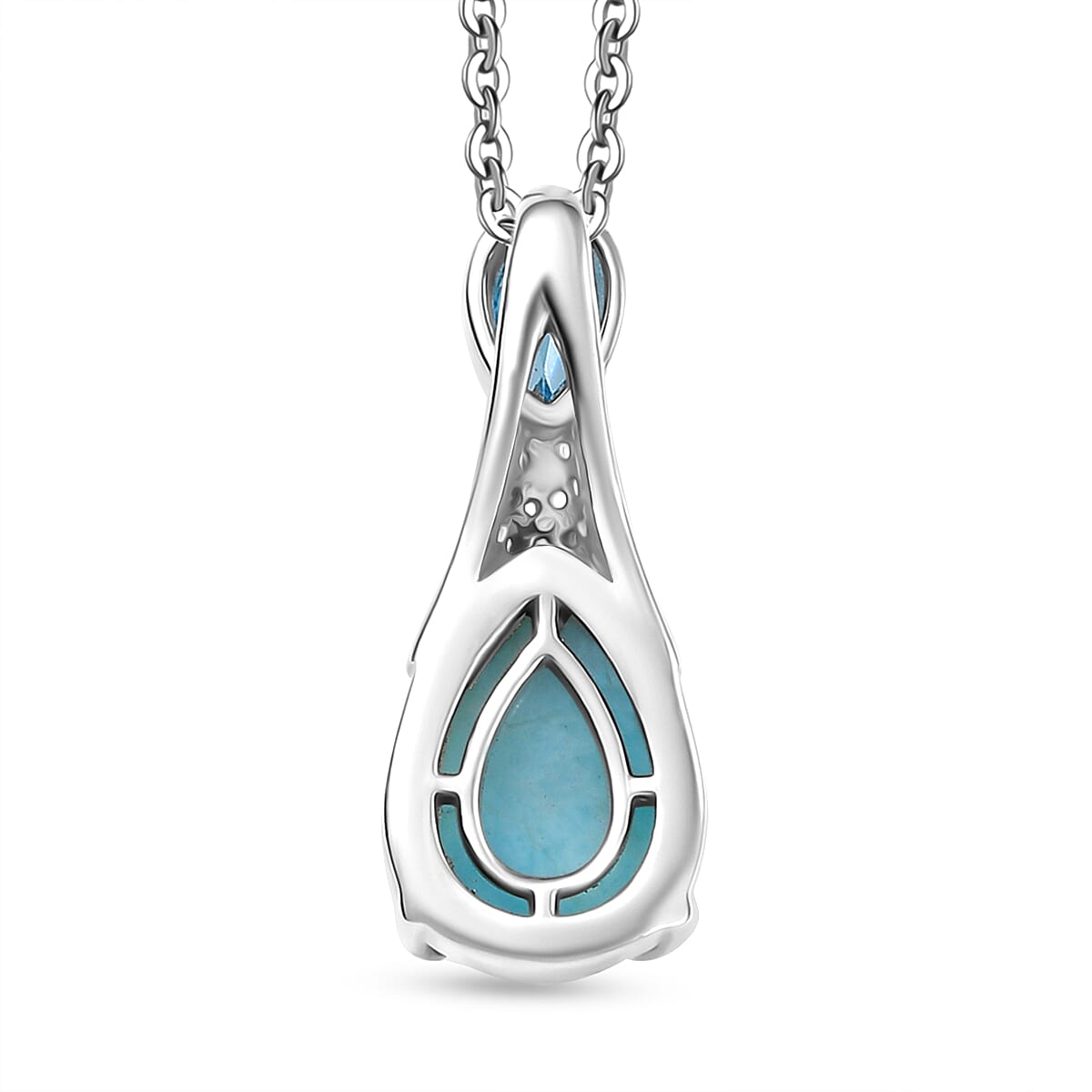 Larimar, White Zircon & Skyblue Topaz Aqua Droplet Pendant with Chain (Size 20) in Rhodium Overlay Sterling Silver 2.92 Ct