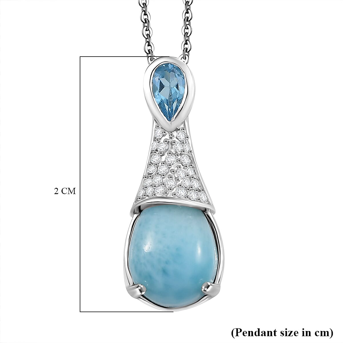 Larimar, White Zircon & Skyblue Topaz Aqua Droplet Pendant with Chain (Size 20) in Rhodium Overlay Sterling Silver 2.92 Ct