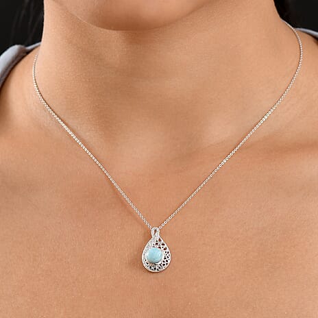 Larimar Water Ripple Pendant with Chain (Size 20) in Rhodium Overlay Sterling Silver 1.72 Ct