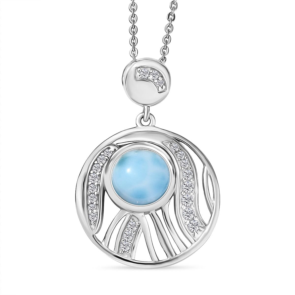 D'joy Larimar & White Zircon Aqua Flow Pendant with Chain (Size 20) in Rhodium Overlay Sterling Silver 2.05 Ct.