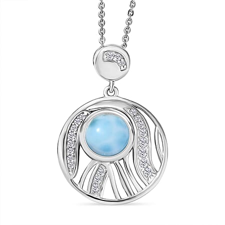 D'joy Larimar & White Zircon Aqua Flow Pendant with Chain (Size 20) in Rhodium Overlay Sterling Silver 2.05 Ct. D'joy Larimar & White Zircon Aqua Flow Pendant with Chain (Size 20) in Rhodium Overlay Sterling Silver 2.05 Ct.