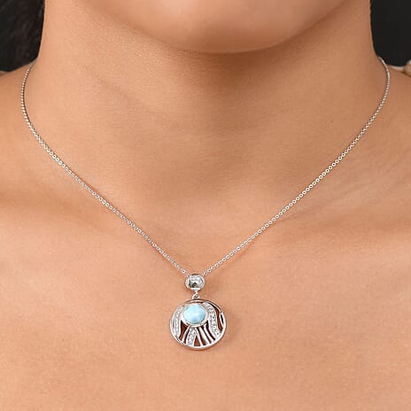 D'joy Larimar & White Zircon Aqua Flow Pendant with Chain (Size 20) in Rhodium Overlay Sterling Silver 2.05 Ct.