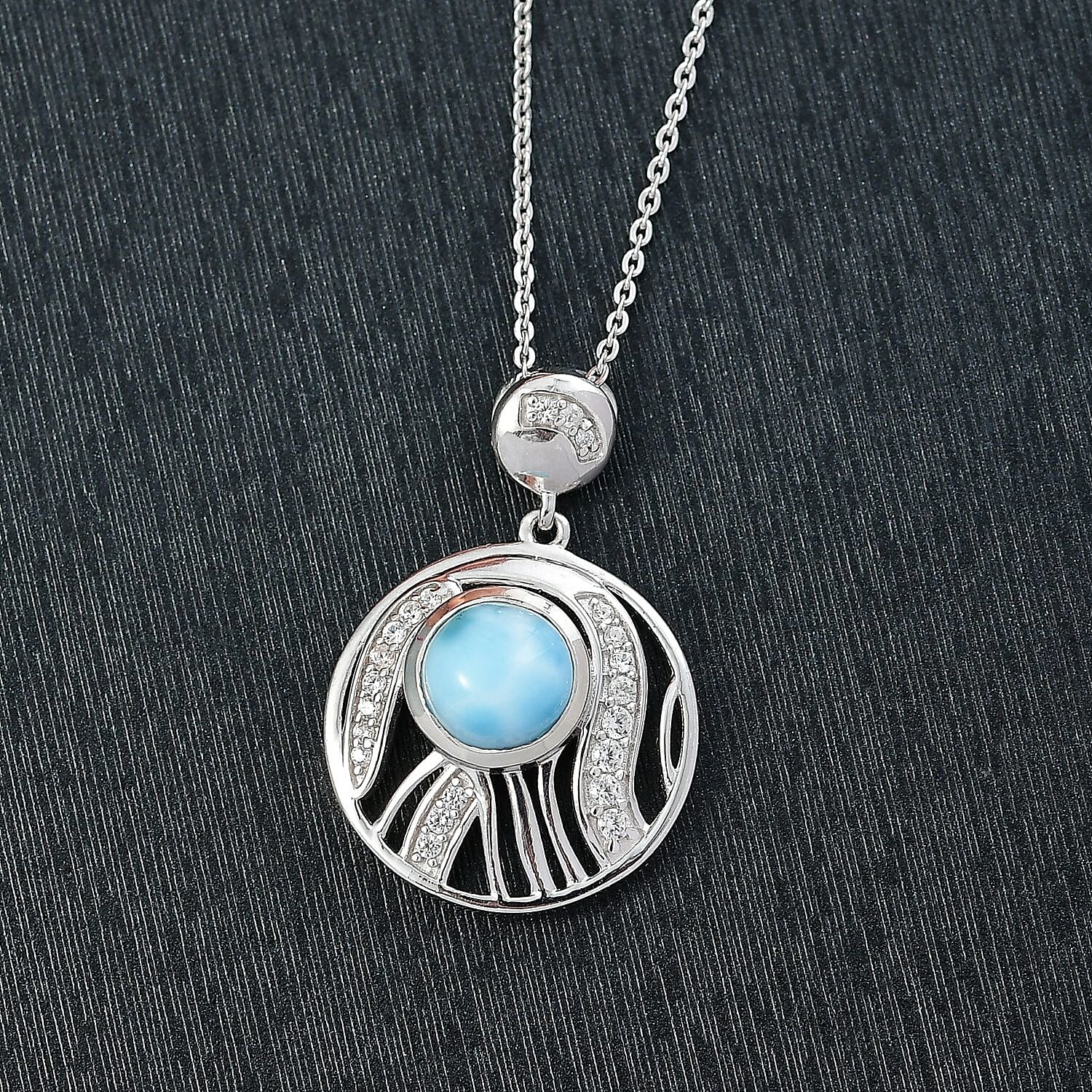 D'joy Larimar & White Zircon Aqua Flow Pendant with Chain (Size 20) in Rhodium Overlay Sterling Silver 2.05 Ct.