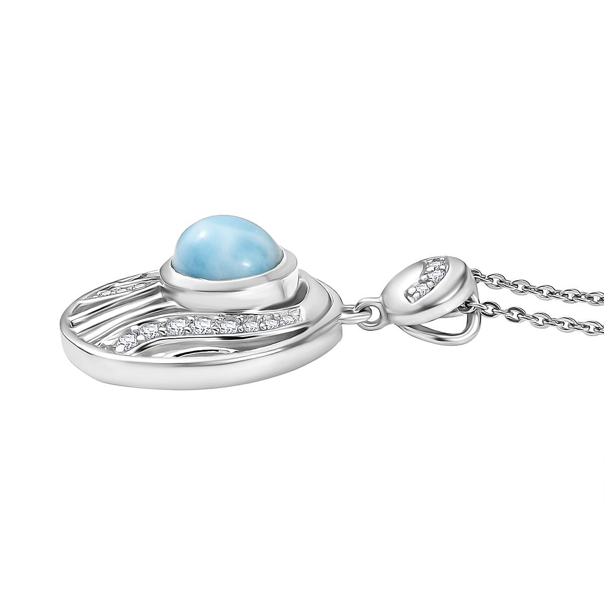 D'joy Larimar & White Zircon Aqua Flow Pendant with Chain (Size 20) in Rhodium Overlay Sterling Silver 2.05 Ct.