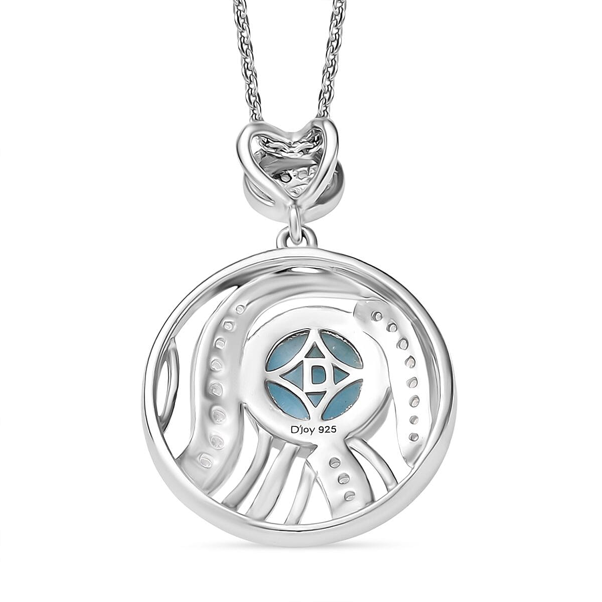 D'joy Larimar & White Zircon Aqua Flow Pendant with Chain (Size 20) in Rhodium Overlay Sterling Silver 2.05 Ct.