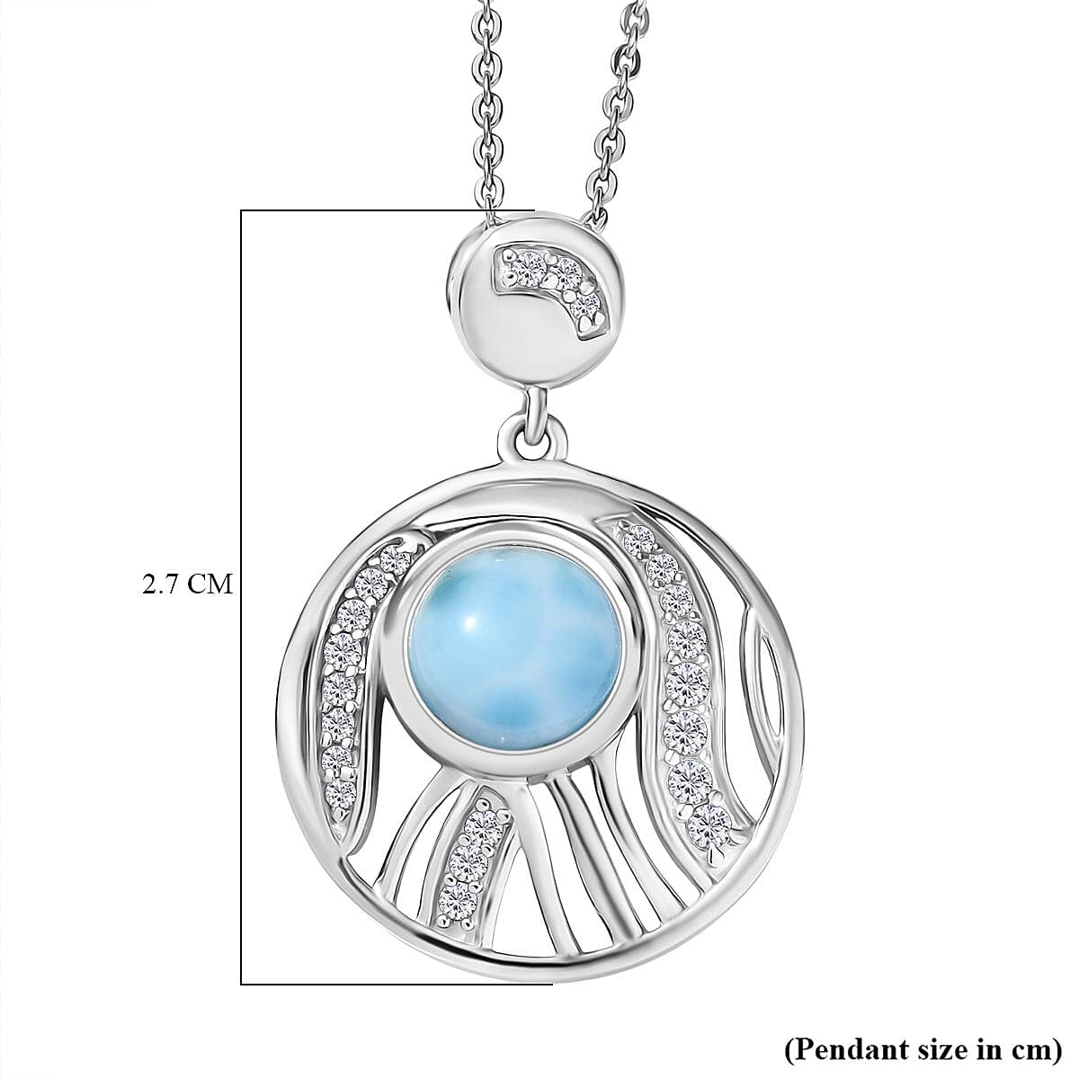 D'joy Larimar & White Zircon Aqua Flow Pendant with Chain (Size 20) in Rhodium Overlay Sterling Silver 2.05 Ct.