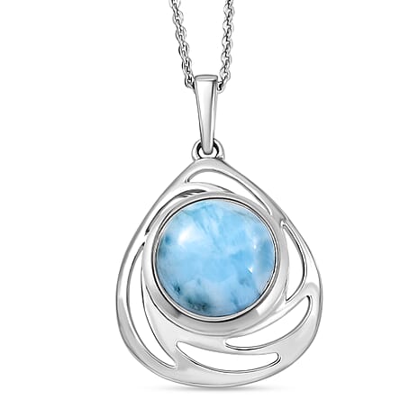 D'joy Larimar Oceanic Whirl Pendant with Chain (Size 20) in Rhodium Overlay Sterling Silver 4.63 Ct.