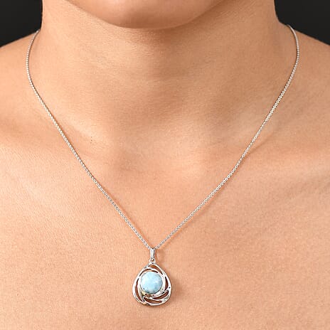 D'joy Larimar Oceanic Whirl Pendant with Chain (Size 20) in Rhodium Overlay Sterling Silver 4.63 Ct.