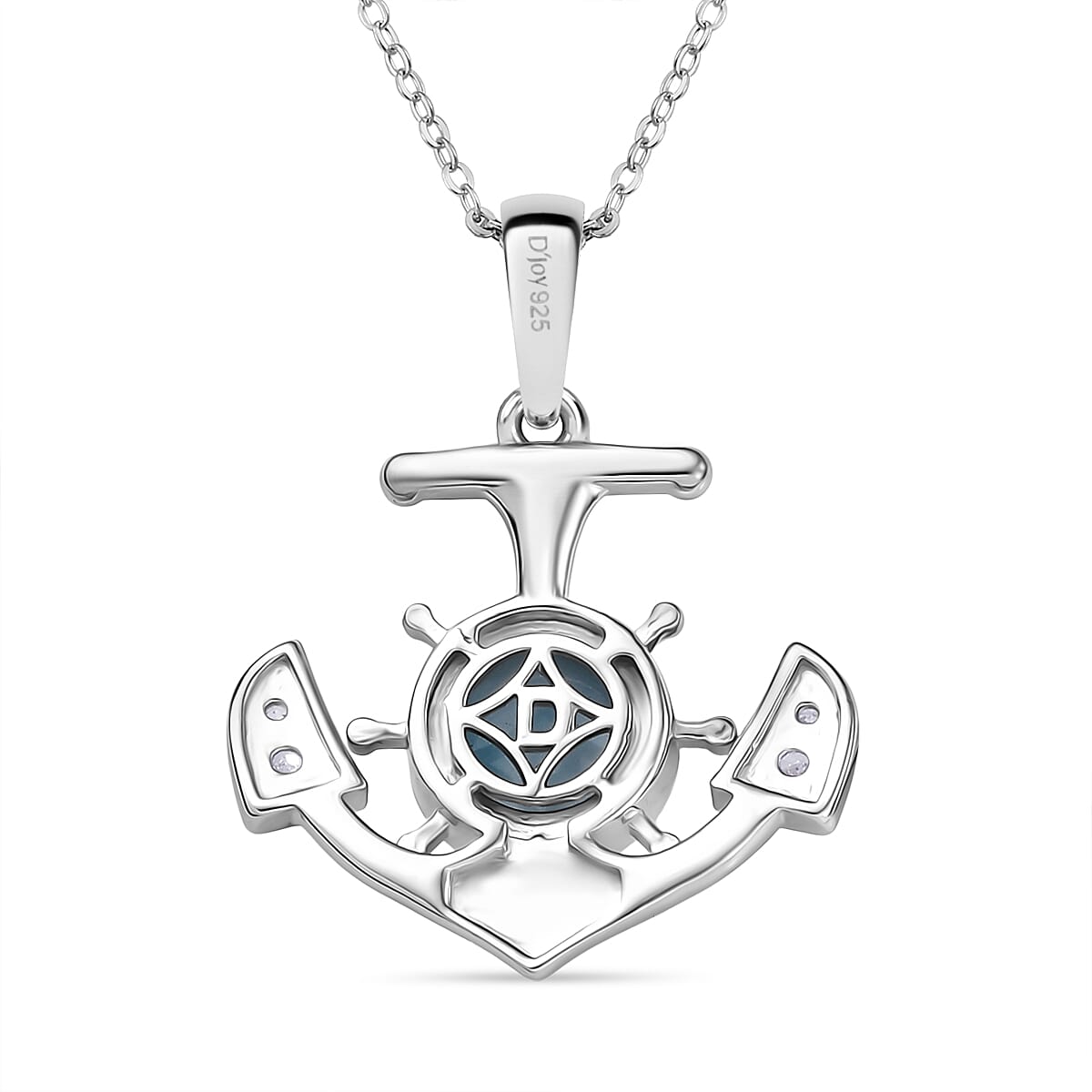 Djoy Larimar & White Zircon Anchor Pendant with Chain (Size 20) in Rhodium Overlay Sterling Silver 1.93 Ct, Silver Wt. 5.05 Gms. Djoy Larimar & White Zircon Anchor Pendant with Chain (Size 20) in Rhodium Overlay Sterling Silver 1.93 Ct, Silver Wt. 5.05 Gms.