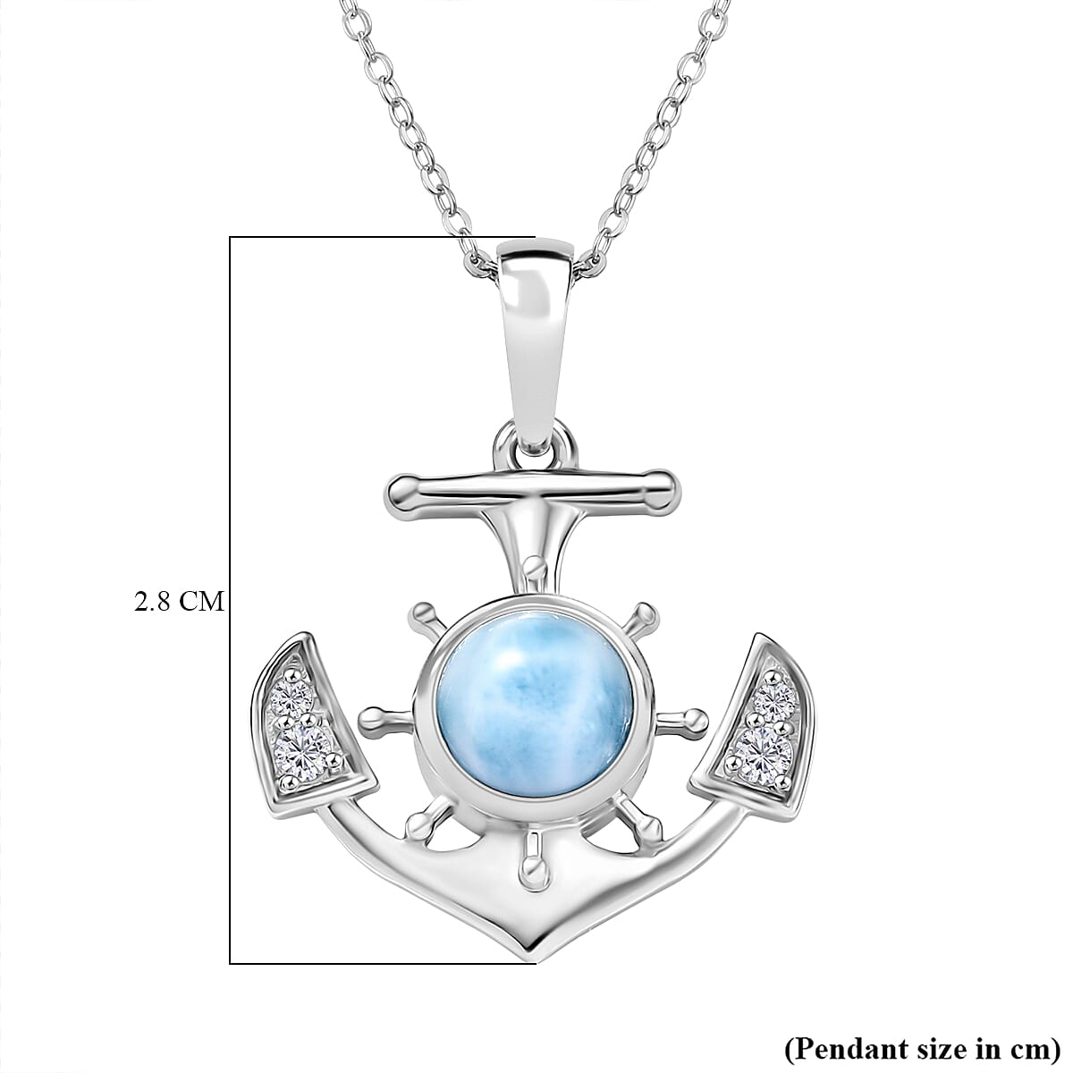 Djoy Larimar & White Zircon Anchor Pendant with Chain (Size 20) in Rhodium Overlay Sterling Silver 1.93 Ct, Silver Wt. 5.05 Gms. Djoy Larimar & White Zircon Anchor Pendant with Chain (Size 20) in Rhodium Overlay Sterling Silver 1.93 Ct, Silver Wt. 5.05 Gms.