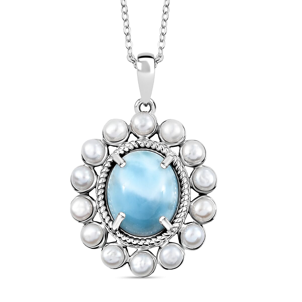 D'joy Larimar & Pearl Whispers of the Deep Pendant with Chain (Size 20) in Rhodium Overlay Sterling Silver 10.68 Ct.