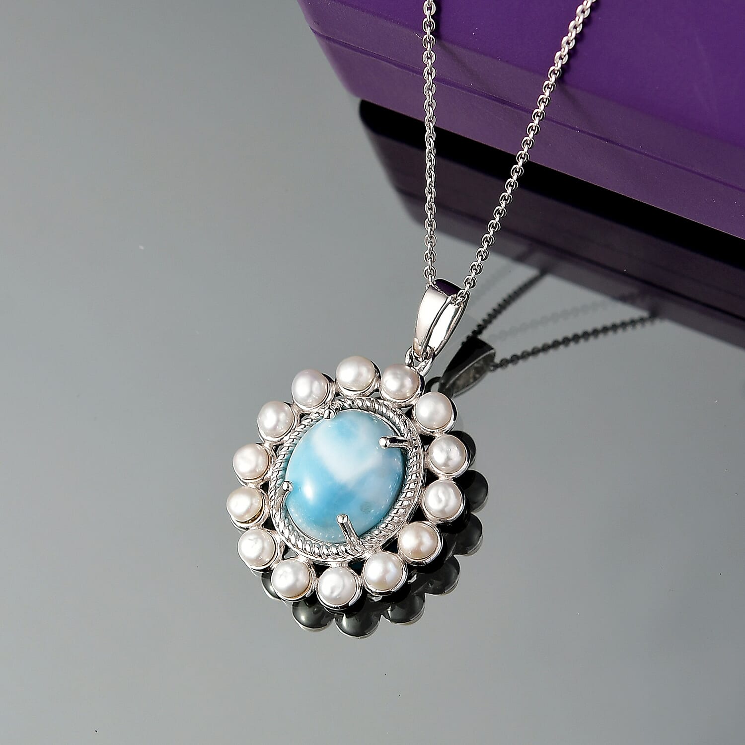 D'joy Larimar & Pearl Whispers of the Deep Pendant with Chain (Size 20) in Rhodium Overlay Sterling Silver 10.68 Ct.
