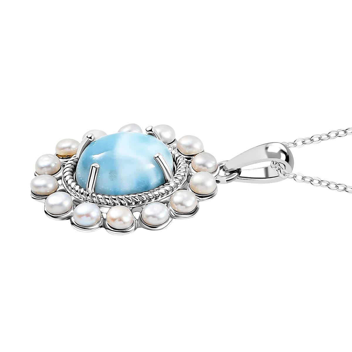 D'joy Larimar & Pearl Whispers of the Deep Pendant with Chain (Size 20) in Rhodium Overlay Sterling Silver 10.68 Ct.