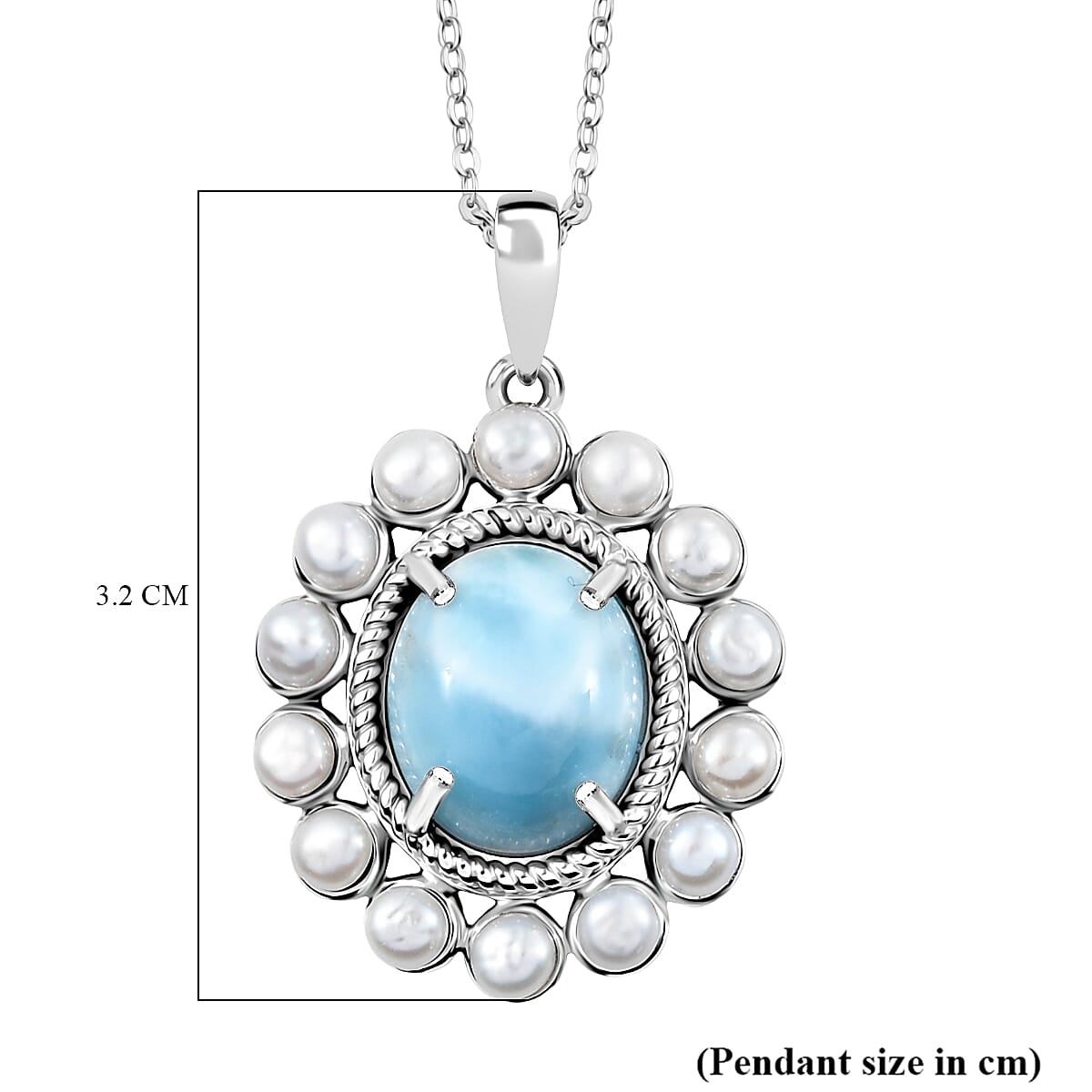 D'joy Larimar & Pearl Whispers of the Deep Pendant with Chain (Size 20) in Rhodium Overlay Sterling Silver 10.68 Ct.