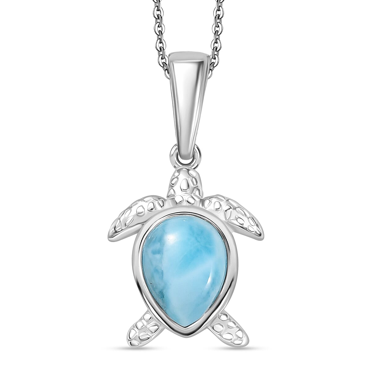 Larimar Turtle Pendant with Chain (Size 20) in Rhodium Overlay Sterling Silver 2.14 Ct, Silver Wt. 5.25 Gms.