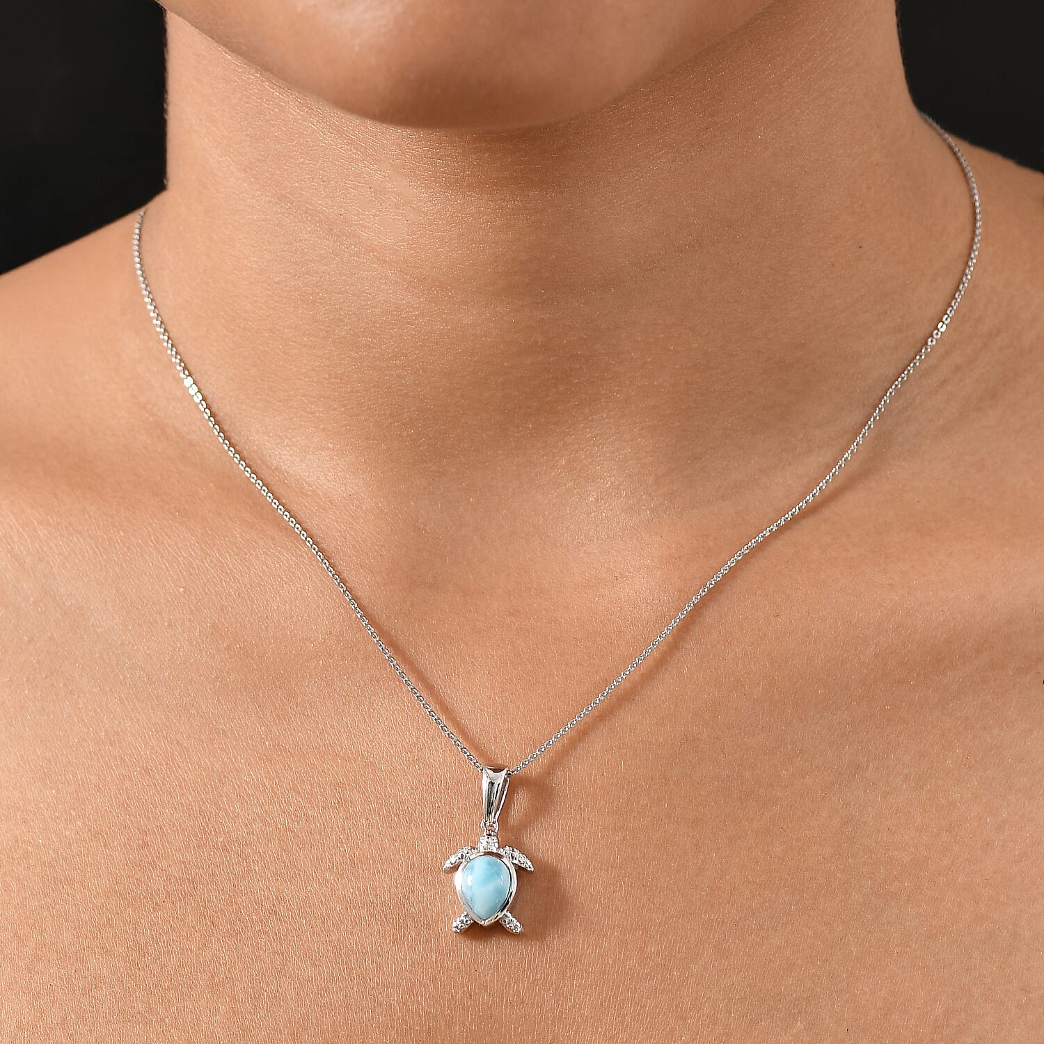 Larimar Turtle Pendant with Chain (Size 20) in Rhodium Overlay Sterling Silver 2.14 Ct, Silver Wt. 5.25 Gms.