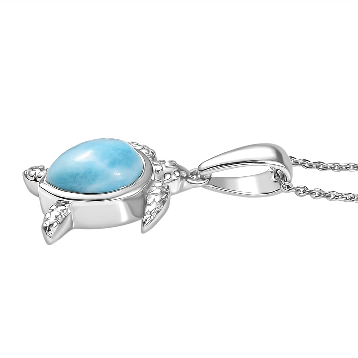 Larimar Turtle Pendant with Chain (Size 20) in Rhodium Overlay Sterling Silver 2.14 Ct, Silver Wt. 5.25 Gms.