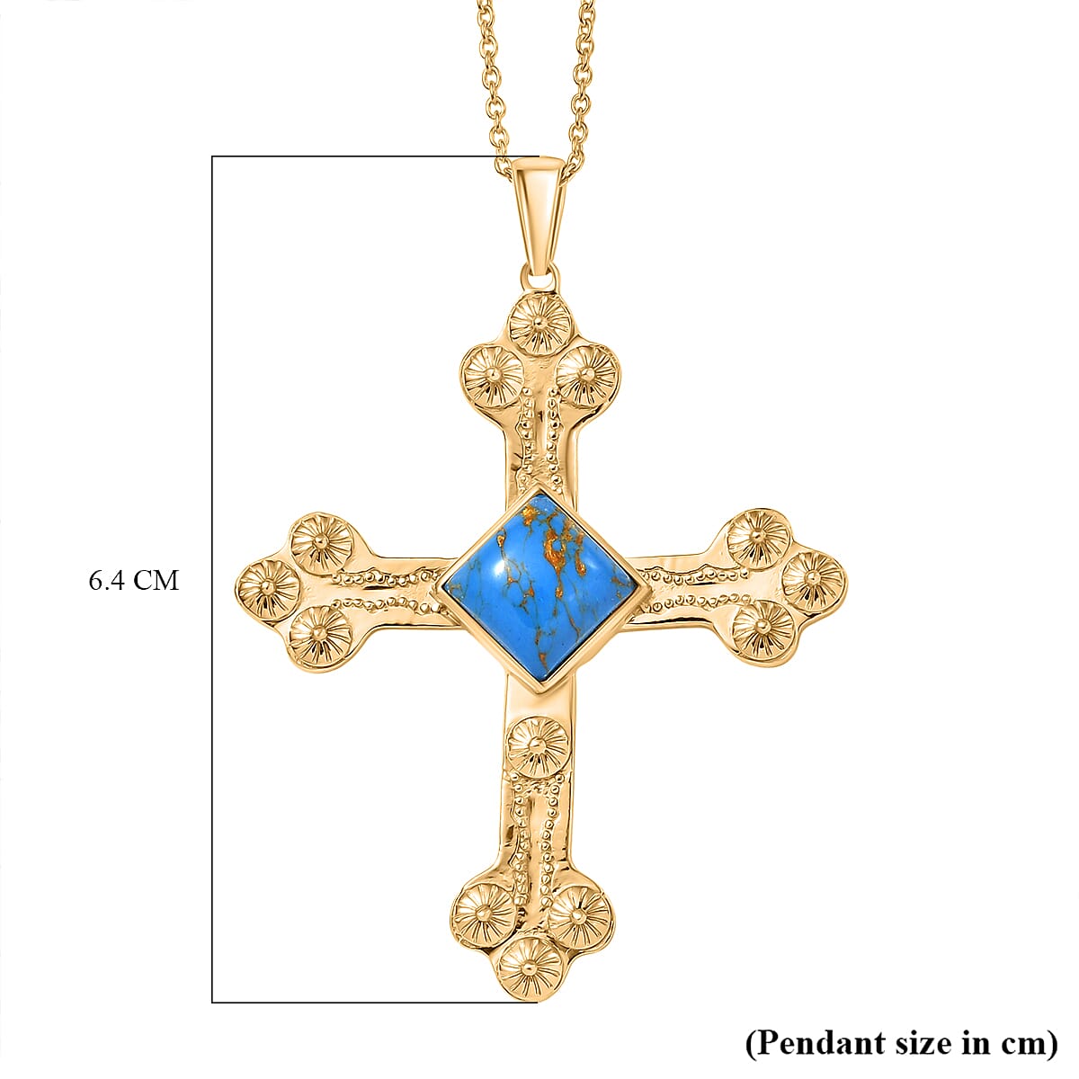 Tucson Find - Blue Turquoise Cross Pendant with Chain (Size 20) in Yellow Gold Plated 4.49 Ct. Tucson Find - Blue Turquoise Cross Pendant with Chain (Size 20) in Yellow Gold Plated 4.49 Ct.