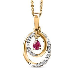 Natural Unheated Ruby & White Zircon Pendant with Chain (Size 20) in 18K Vermeil Yellow Gold Plated Sterling Silver