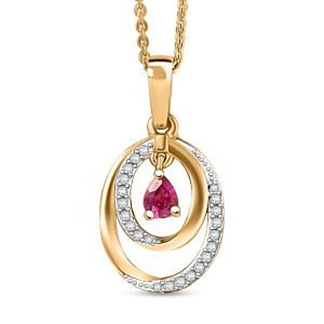 Natural Unheated Ruby & White Zircon Pendant with Chain (Size 20) in 18K Vermeil Yellow Gold Plated Sterling Silver