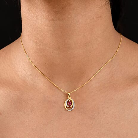Natural Unheated Ruby & White Zircon Pendant with Chain (Size 20) in 18K Vermeil Yellow Gold Plated Sterling Silver