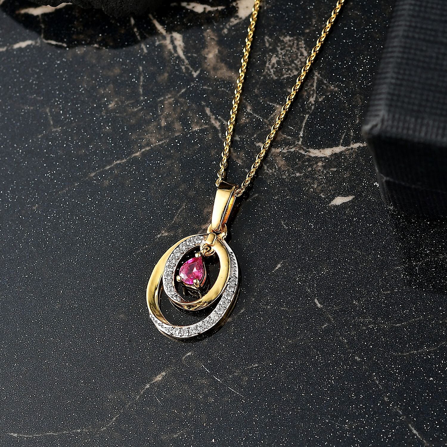 Natural Unheated Ruby & White Zircon Pendant with Chain (Size 20) in 18K Vermeil Yellow Gold Plated Sterling Silver